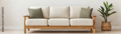 Sofa with a frame made from recycled wood, featuring upcycled fabric upholstery, sustainable furniture, cozy ecoconscious living room