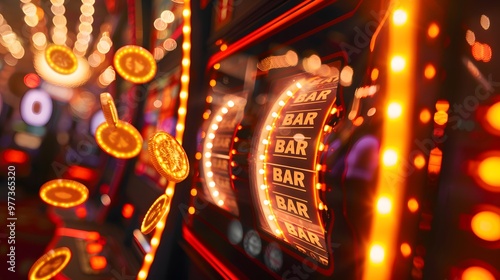 Slot Machine Jackpot: A slot machine displaying a winning combination, coins and lights celebrating the jackpot. 
