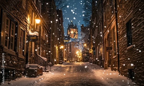 A snow covered street with a building in the background