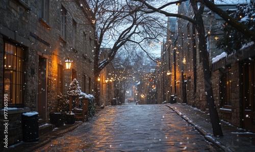 A snowy street with a tree in the middle