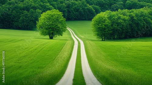 A road runs through a lush green field with two trees on either side