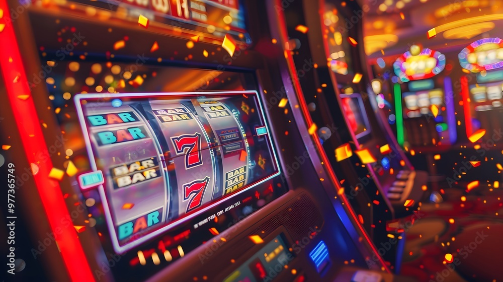 Slot Machine Jackpot: A slot machine displaying a winning combination, coins and lights celebrating the jackpot.
Slot Machine Jackpot: A slot machine displaying a winning combination, coins and lights celebrating the jackpot.