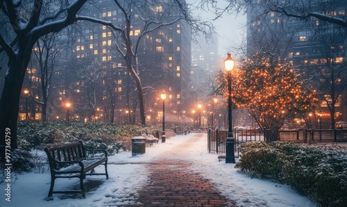A snowy park with a bench and a path