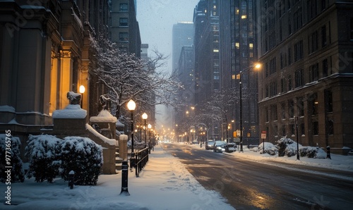 Fototapeta Naklejka Na Ścianę i Meble -  A snowy city street with a few trees and street lights