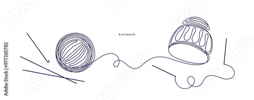 Cap in continuous line. Ball of yarn. Round skein