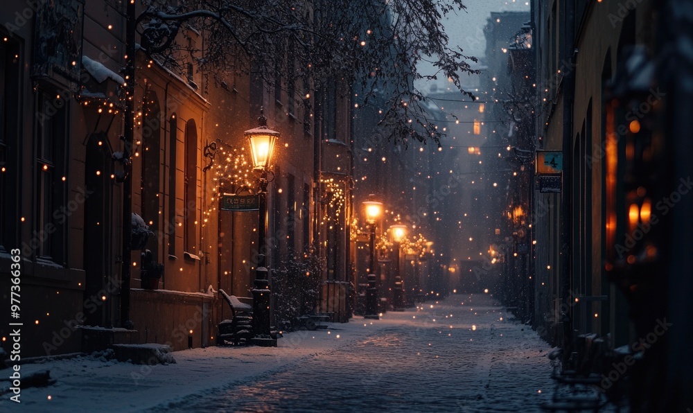 A snowy street with lights on the street A snowy street with lights on the street