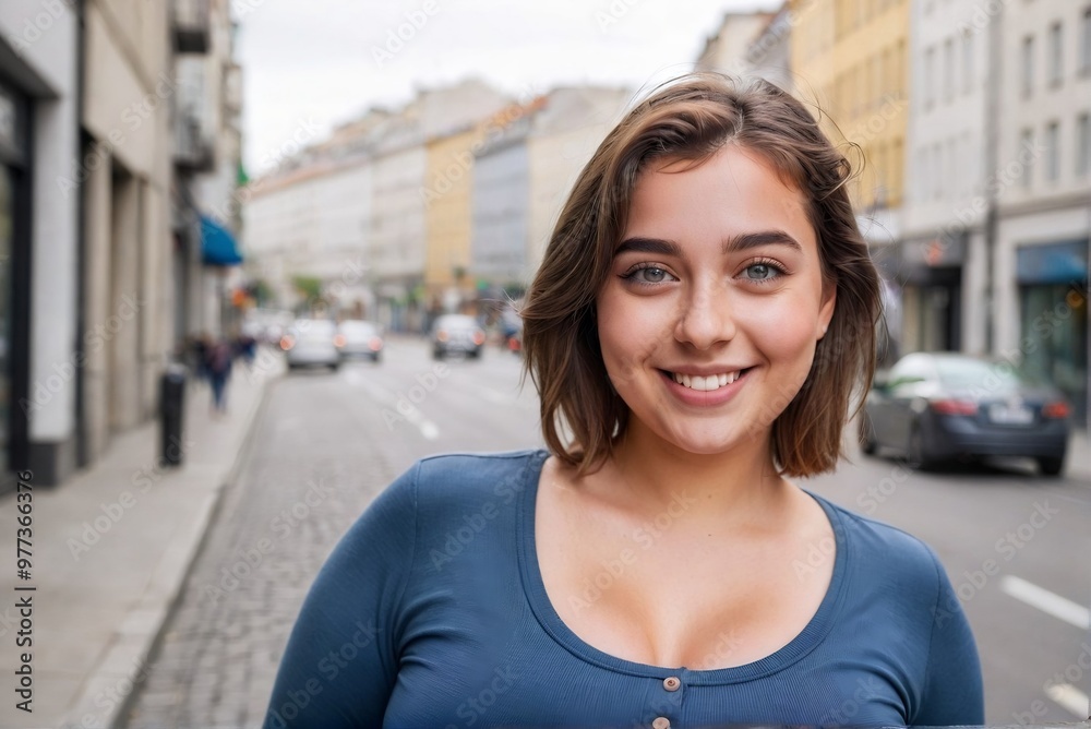 Young confident curvy woman walking on the city street with copy space. Young confident curvy woman walking on the city street with copy space.