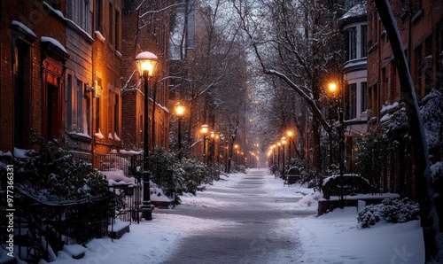 A snowy street with lights on the sidewalk