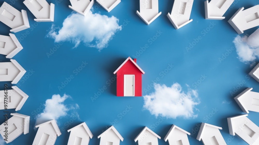Stand Out Concept with Red House Among White Houses Stand Out Concept with Red House Among White Houses
