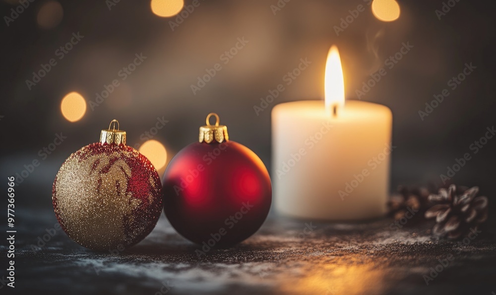 A red and gold ornament sits on a table next to a candle A red and gold ornament sits on a table next to a candle