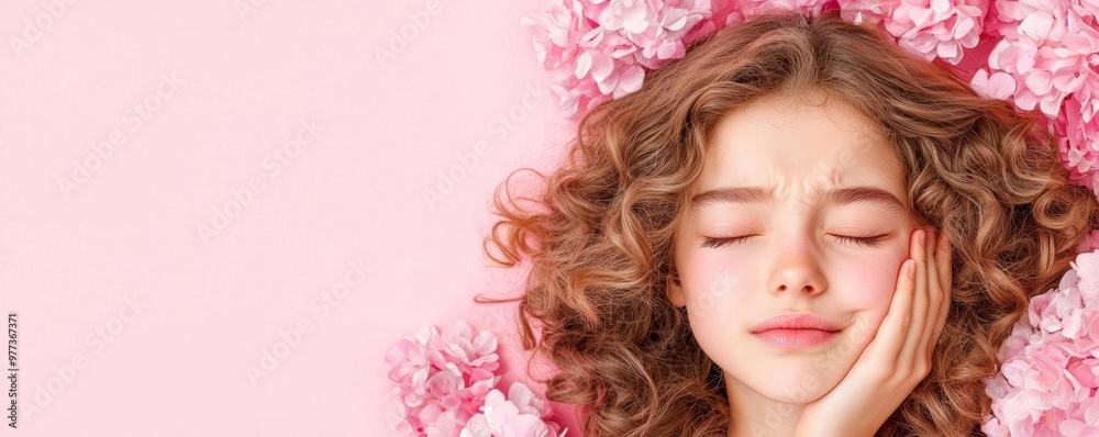 Girl with curly hair frowning in pain, clutching her cheek, a soft floral background, toothache discomfort, natural setting Girl with curly hair frowning in pain, clutching her cheek, a soft floral background, toothache discomfort, natural setting