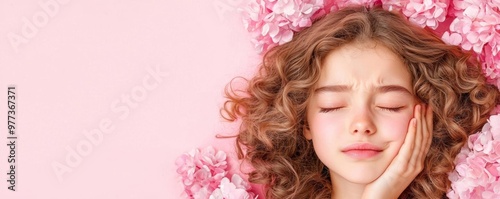 Girl with curly hair frowning in pain, clutching her cheek, a soft floral background, toothache discomfort, natural setting photo