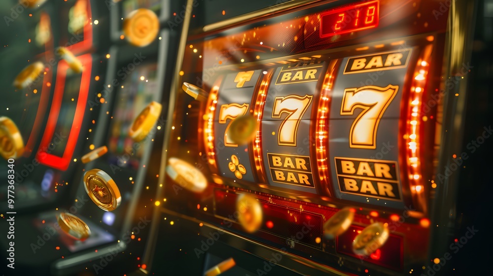 Slot Machine Jackpot: A slot machine displaying a winning combination, coins and lights celebrating the jackpot.
Slot Machine Jackpot: A slot machine displaying a winning combination, coins and lights celebrating the jackpot.