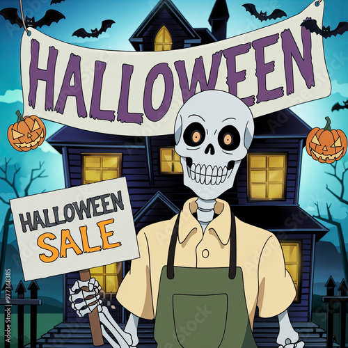 Cartoon skeleton in an apron holding a 