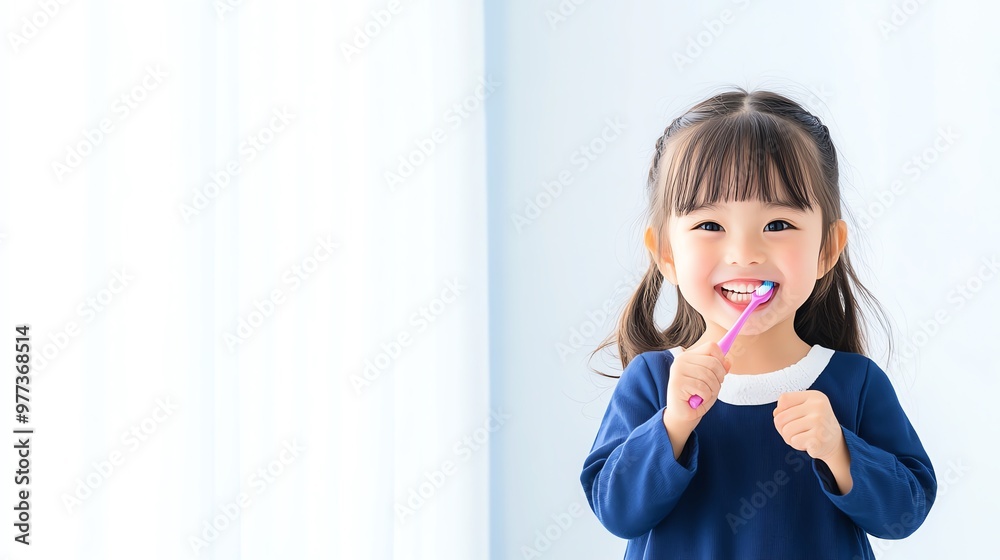 Cute little girl smiling while brushing her teeth in a bright, sunlit room. Healthy dental hygiene habits and children. Happy childhood moment. Cute little girl smiling while brushing her teeth in a bright, sunlit room. Healthy dental hygiene habits and children. Happy childhood moment.