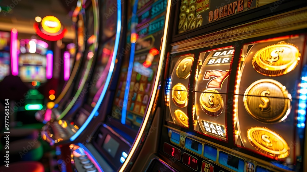 Slot Machine Jackpot: A slot machine displaying a winning combination, coins and lights celebrating the jackpot.
Slot Machine Jackpot: A slot machine displaying a winning combination, coins and lights celebrating the jackpot.
