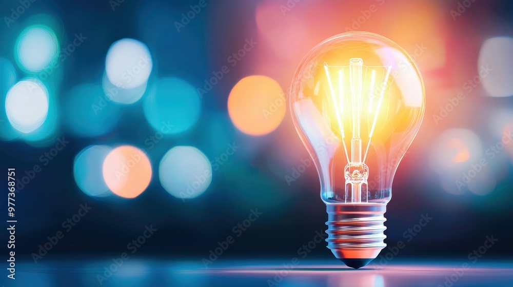 A light bulb is lit up and is the center of attention A light bulb is lit up and is the center of attention
