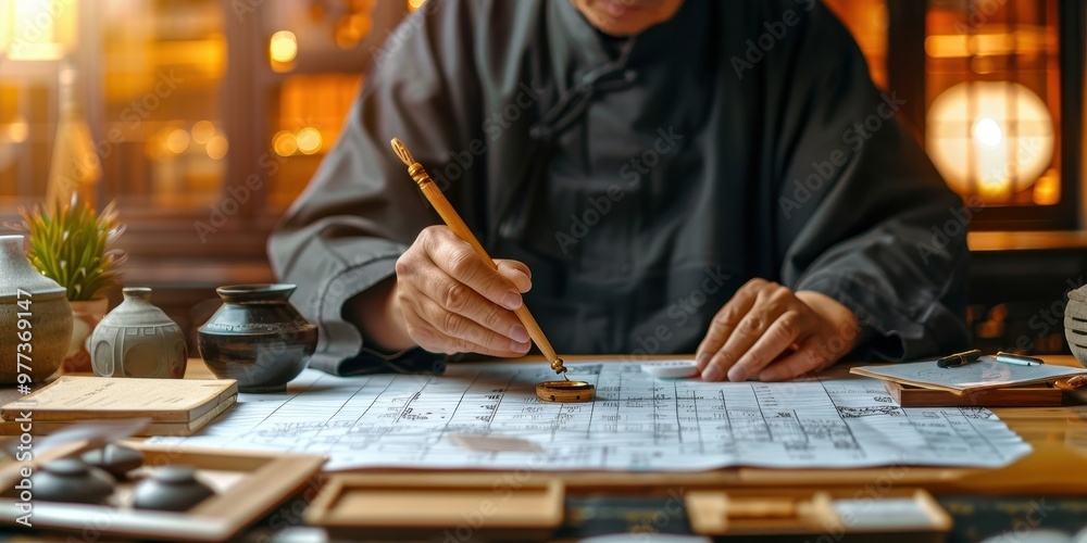 Professional Feng Shui consultant analyzing plans and notes in a serene workspace with traditional elements during a calm day Professional Feng Shui consultant analyzing plans and notes in a serene workspace with traditional elements during a calm day