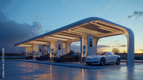 Modern electric vehicle charging station at dusk, featuring sleek cars and an illuminated, futuristic design.