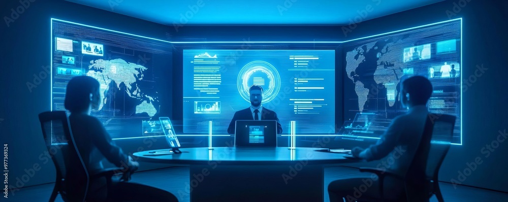 Futuristic HR software, virtual recruitment avatars, digital resume scanners, holographic interview room Futuristic HR software, virtual recruitment avatars, digital resume scanners, holographic interview room