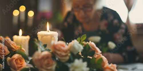 Close up of a bereavement coordinator working with flowers and candles in a serene setting during a memorial planning session