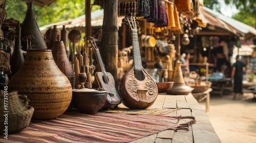 A group of Thai musicians in a rural setting, playing the phin, ranat ek, and drums during a village festival, with a backdrop of traditional Thai homes and lush greenery. photo