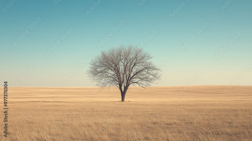 A solitary tree stands against a vast field of dry grass, evoking themes of endurance and isolation. A solitary tree stands against a vast field of dry grass, evoking themes of endurance and isolation.