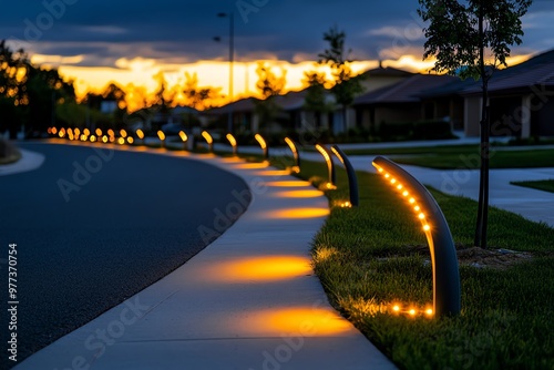 A row of streetlights in a quiet suburban neighborhood, their warm glow illuminating the empty street photo