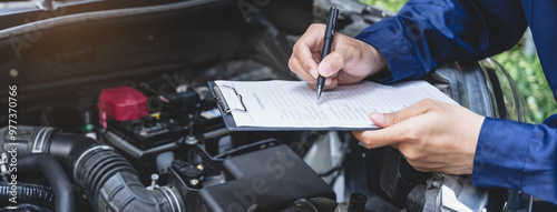 Auto check up and car service shop concept. Mechanic writing job checklist to clipboard to estimate repair quotation to client at workshop garage.