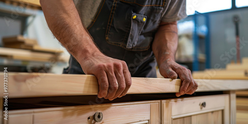 Professional furniture assembler working diligently in a workshop to craft high-quality wooden pieces during daylight hours