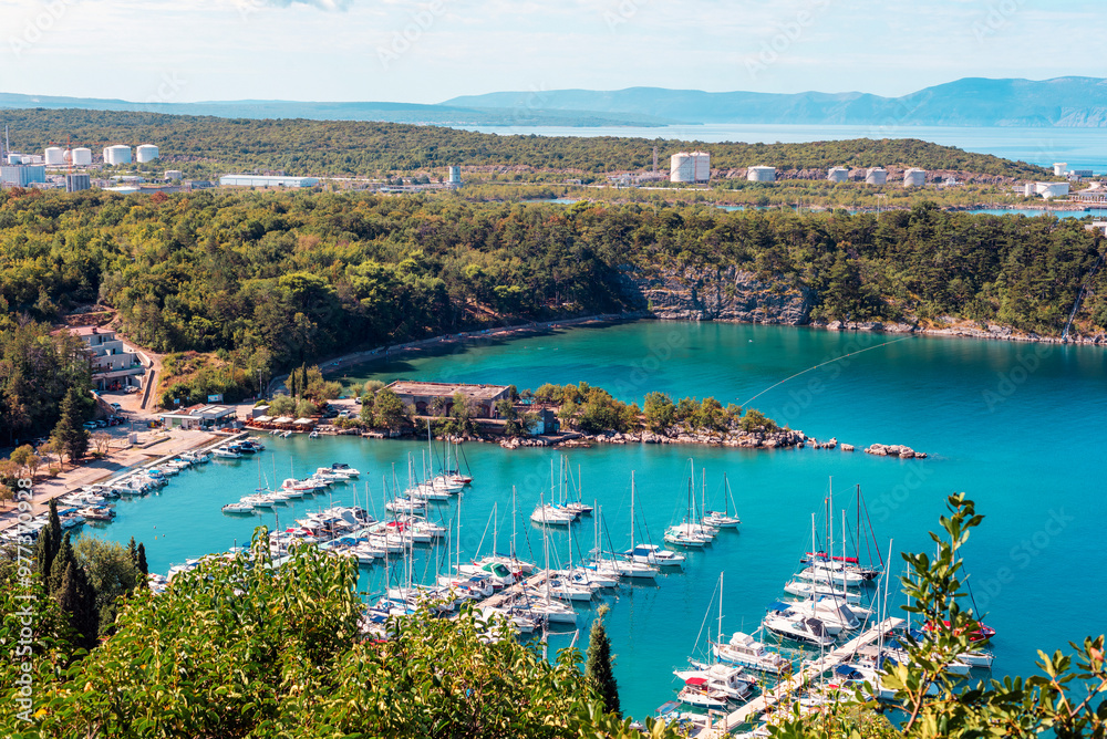 Naklejka premium Town of Omisalj and marina aerial view, Island of Krk, Croatia