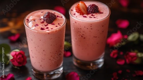 Two glasses of pink smoothie with berries and rose petals.