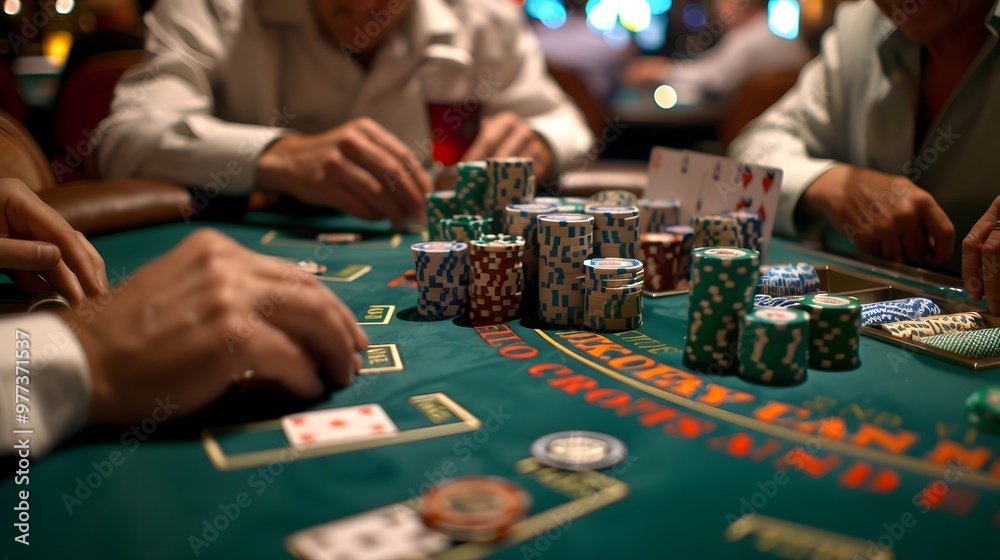 Shuffling Cards at Poker Table: A dealer shuffling cards with precision at a busy poker table, chips and drinks visible.
Shuffling Cards at Poker Table: A dealer shuffling cards with precision at a busy poker table, chips and drinks visible.