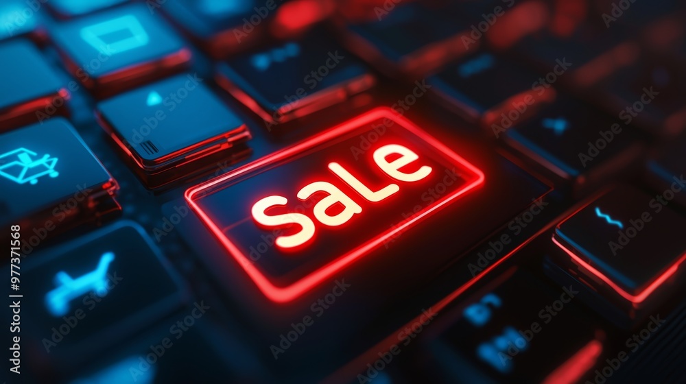 Close-up of a computer keyboard highlighting a red sale button, symbolizing online shopping and special offers. Close-up of a computer keyboard highlighting a red sale button, symbolizing online shopping and special offers.