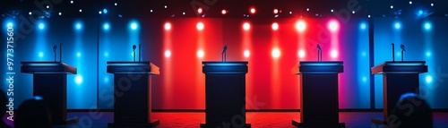 A vibrant stage setup for political debates featuring illuminated podiums against a colorful background of lights. photo