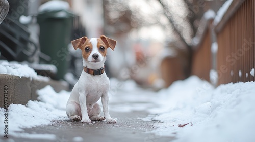 A tiny white and brown dog sits on a snowy sidewalk, its presence adding warmth to the chilly, quiet scene.