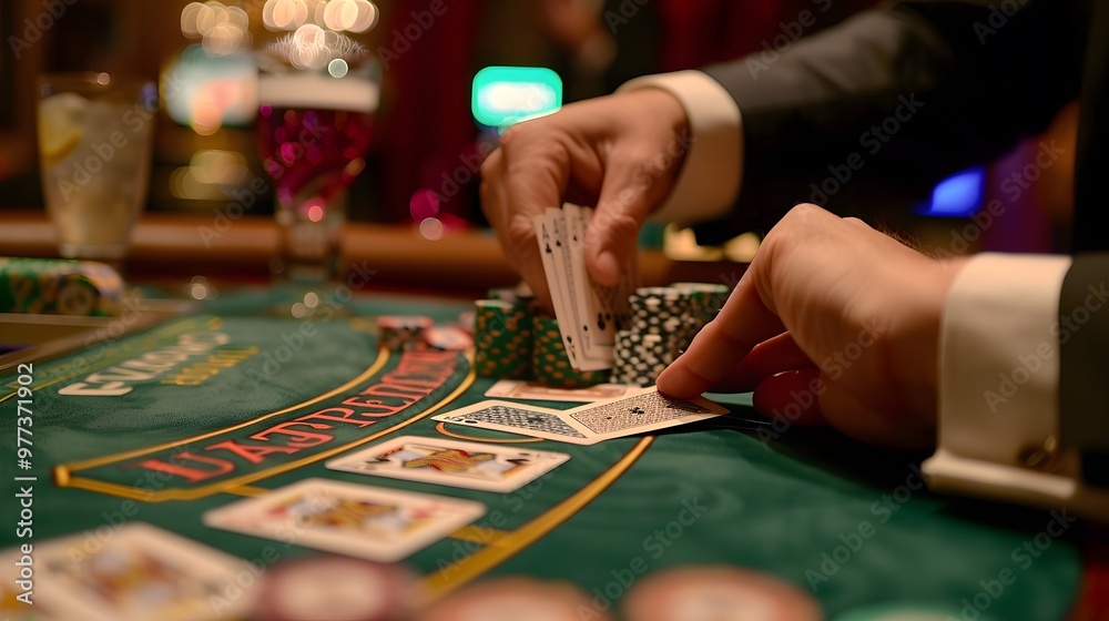 Shuffling Cards at Poker Table: A dealer shuffling cards with precision at a busy poker table, chips and drinks visible.
Shuffling Cards at Poker Table: A dealer shuffling cards with precision at a busy poker table, chips and drinks visible.