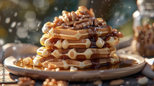 A stack of waffles on a plate with nuts and sauce