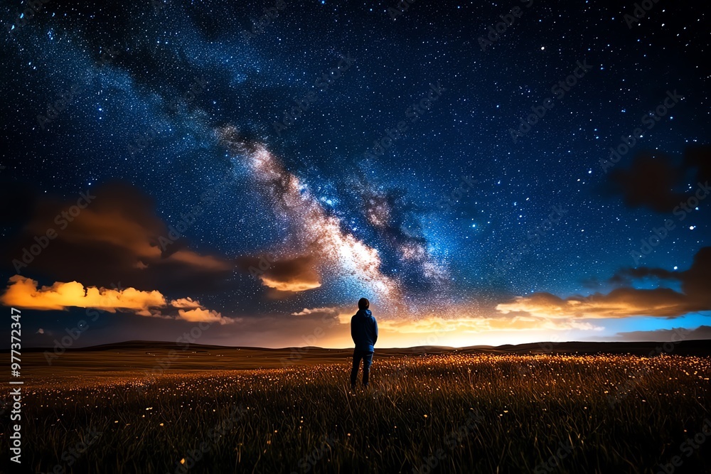 Fototapeta premium A starry sky over an open field, with a lone figure standing in awe of the universe above