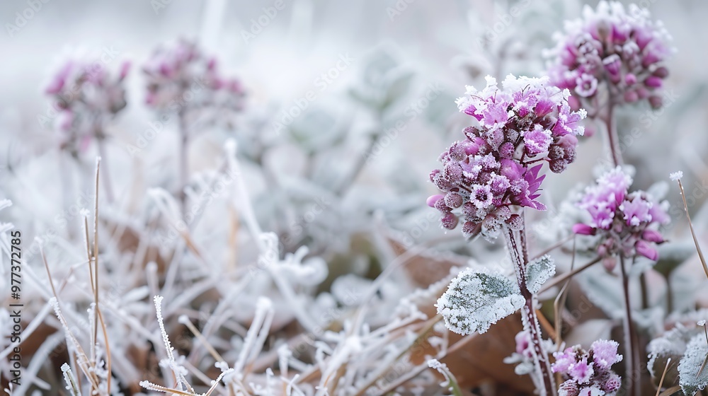 Wild frosted wildflowers on icy and snow covered soil Wild frosted wildflowers on icy and snow covered soil