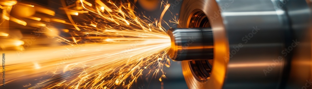 Close-up view of metal machining process with sparks flying from cutting tool in industrial workshop, showcasing precision engineering.