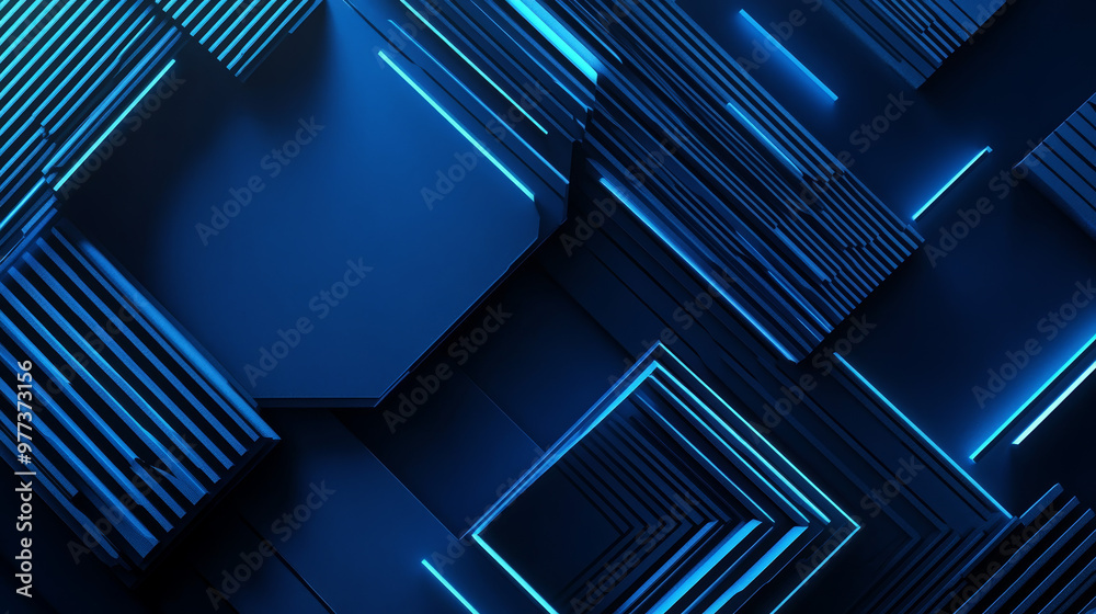 Obraz premium “Geometric stripe line art featuring abstract hexagon lines on a blue background, perfect for use in posters, brochures, covers, websites, or banners.”