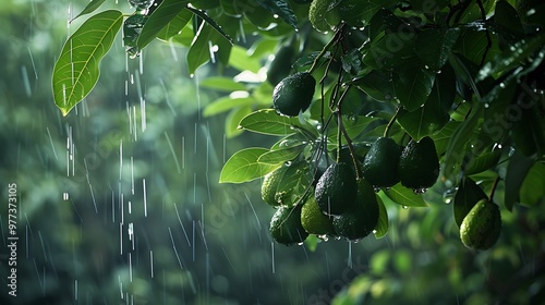 With a cool rainfall a view of glossy avocados dangled from a lushly leafy trunk photo