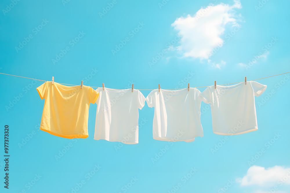 Clothes Hung by Pegs for Drying, Fresh Laundry on a Clothesline Outdoors Clothes Hung by Pegs for Drying, Fresh Laundry on a Clothesline Outdoors