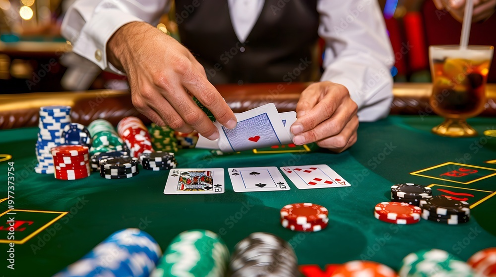 Shuffling Cards at Poker Table: A dealer shuffling cards with precision at a busy poker table, chips and drinks visible.
Shuffling Cards at Poker Table: A dealer shuffling cards with precision at a busy poker table, chips and drinks visible.