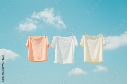 Clothes Hung by Pegs for Drying, Fresh Laundry on a Clothesline Outdoors