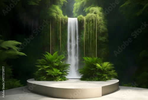Nature backround for product placement, 3D waterfall landscape mockup backdrop for product and cosmetic presentation, backdrop photo for package or packaging box container