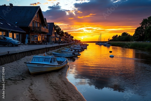 Wallpaper Mural A sunset view of the Lielupe River, with small boats docked along the shore and the sky painted in warm colors Torontodigital.ca