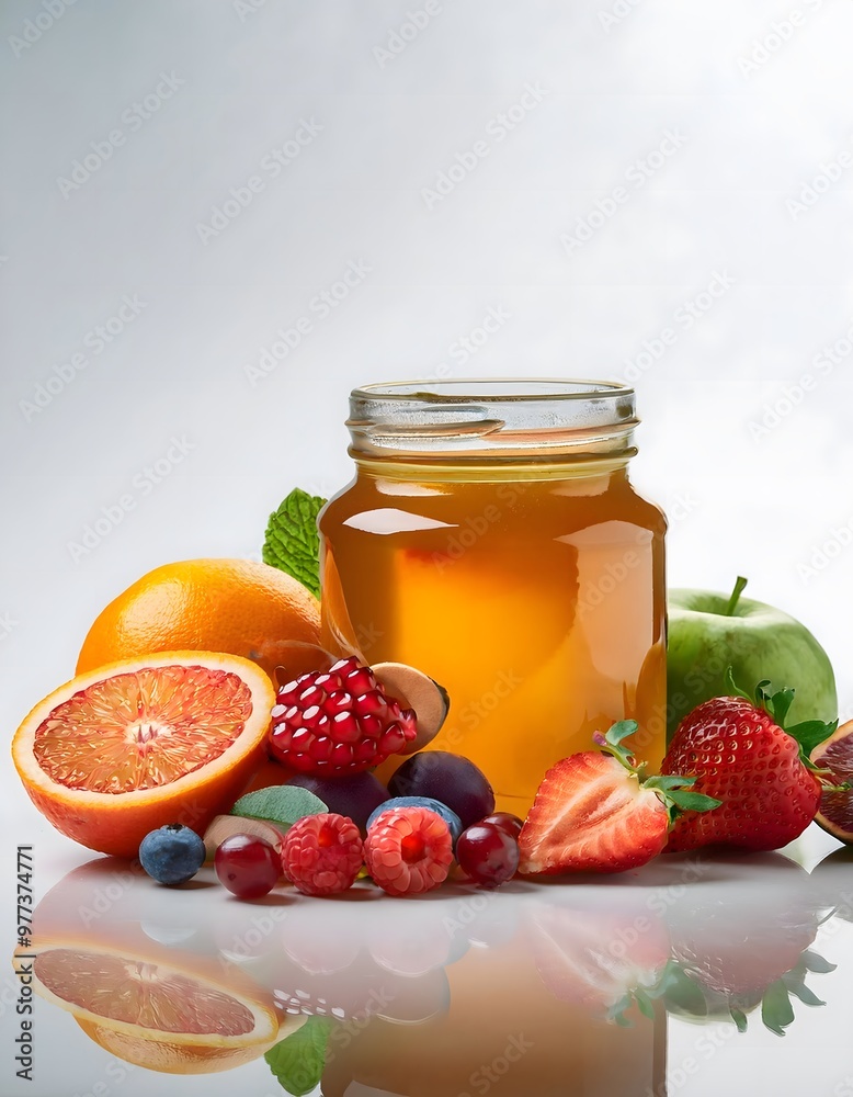 Jar of Honey and Fresh Fruits on a White Background Jar of Honey and Fresh Fruits on a White Background