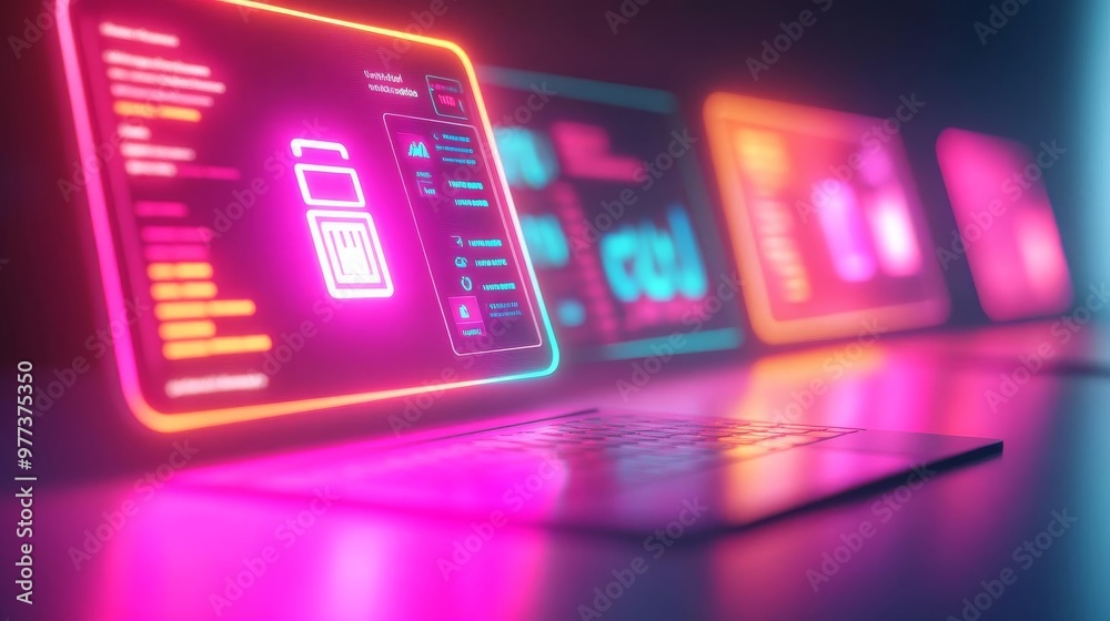 Obraz premium Remote job marketplace UI, holographic freelancer profiles, glowing project listings, futuristic employment platform